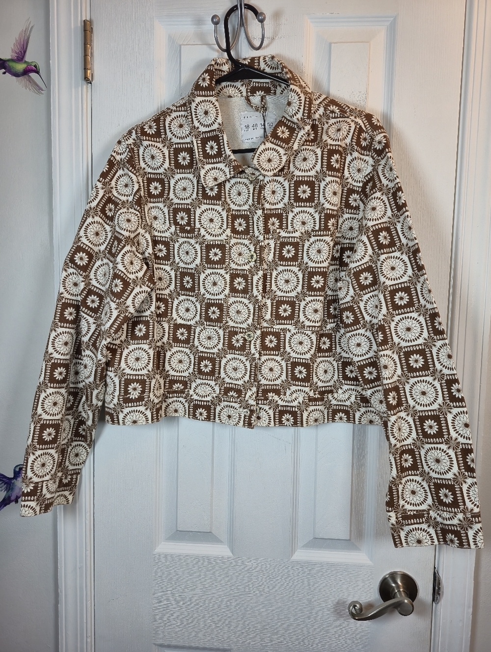 NWOT Denim Co. 70s Retro Boho Brown Cream Floral Print Trucker Jacket SZ 14